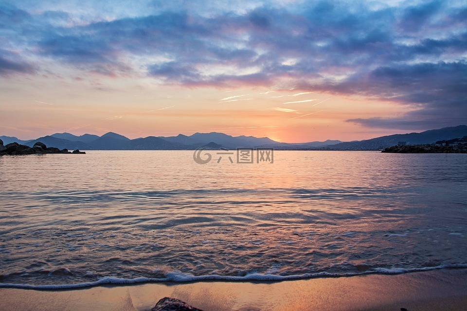 戛納,海灘,日落