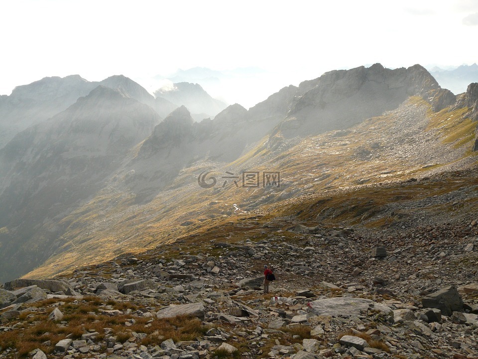 遠足,山,巖