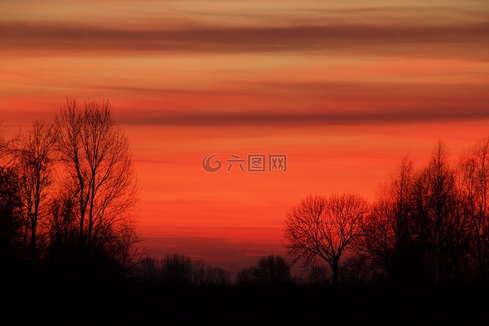 日落,紅色,空氣
