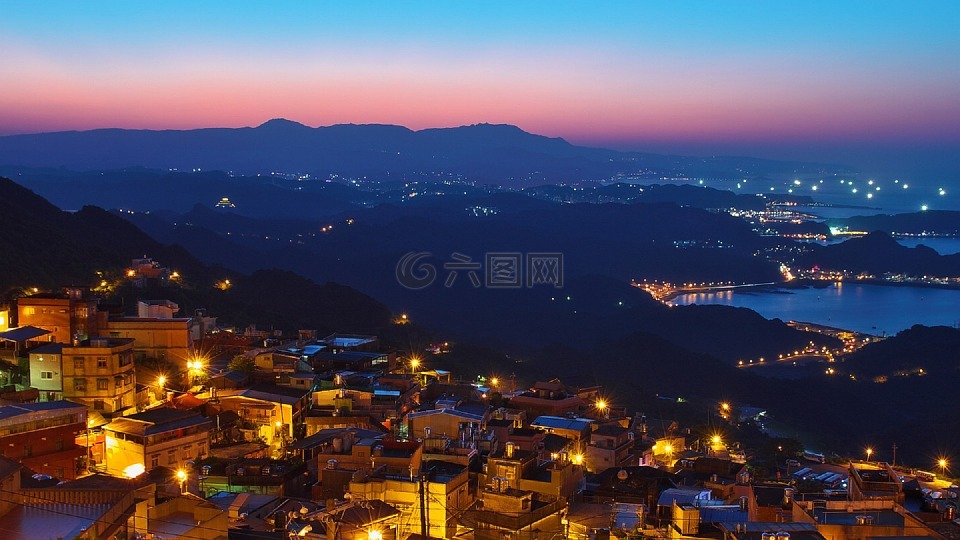 日落,海岸,村