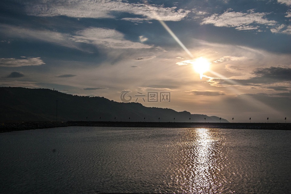 日落,全景,太阳