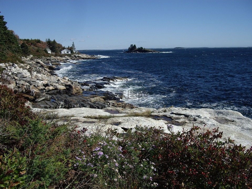 岩质海岸,缅因州,海