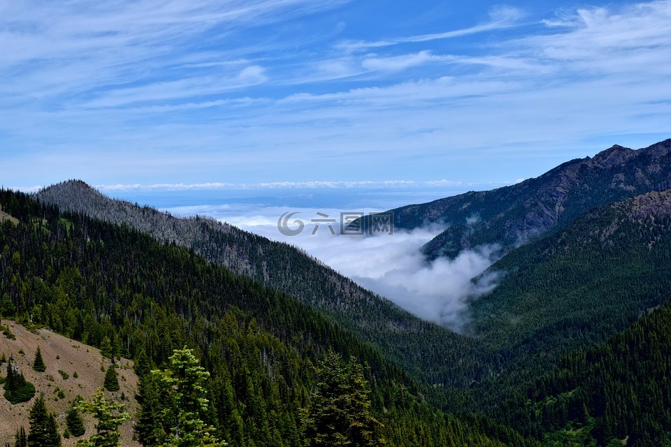 山,藍(lán)色的天空,自然
