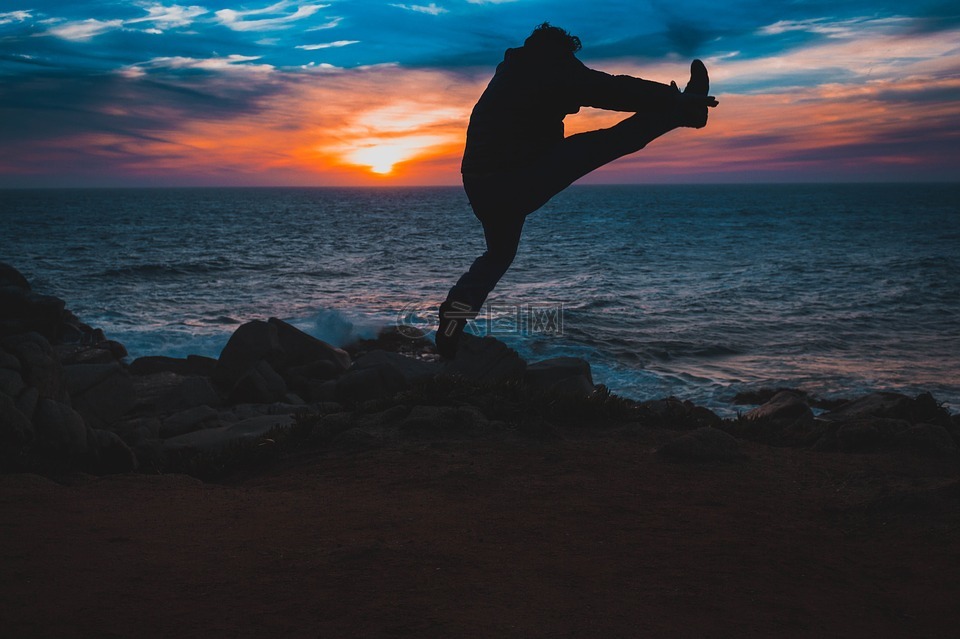 日落,海滩