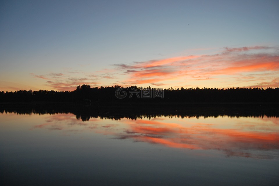 日落,湖,abendstimmung