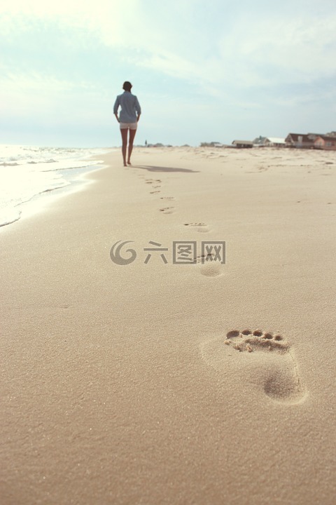 海灘,女子,足跡