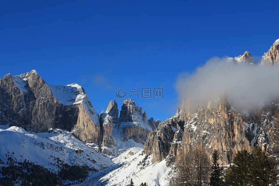雪,山,冬天