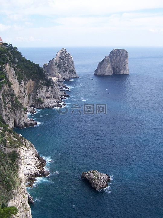 海岸線,卡布里,巖石的海岸線