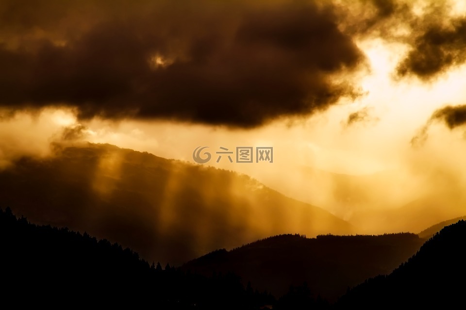 日落,黄昏,山