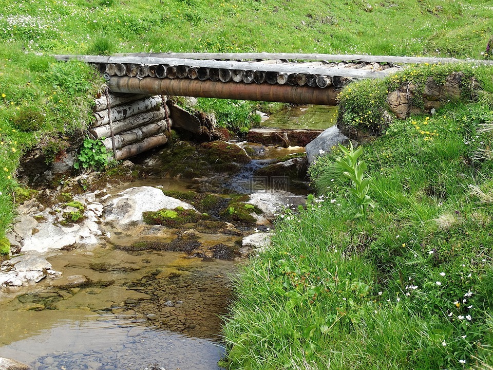 山中的小溪,橋,木橋