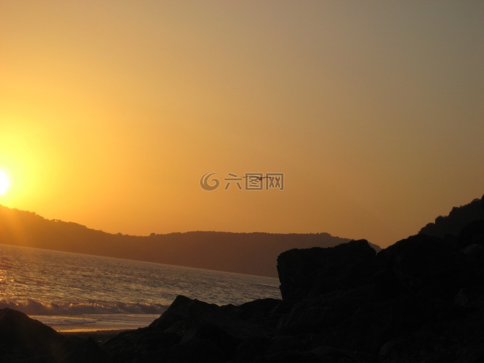 日落,海,意大利