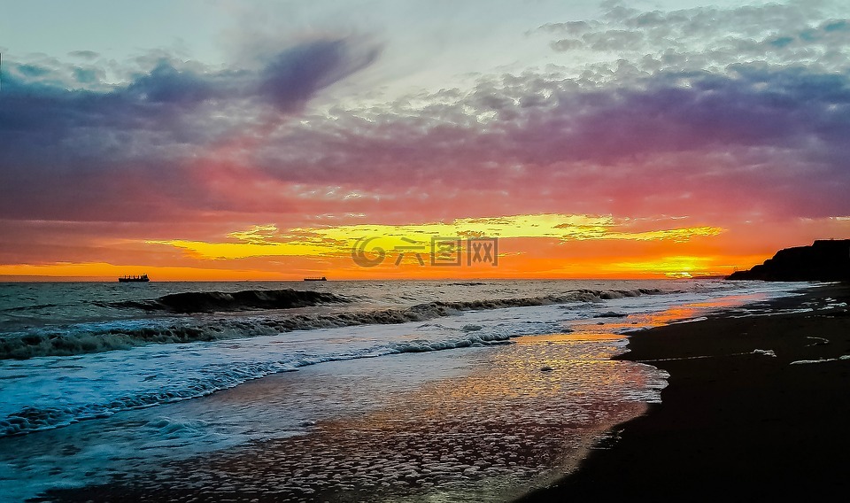 海,日落,泡沫