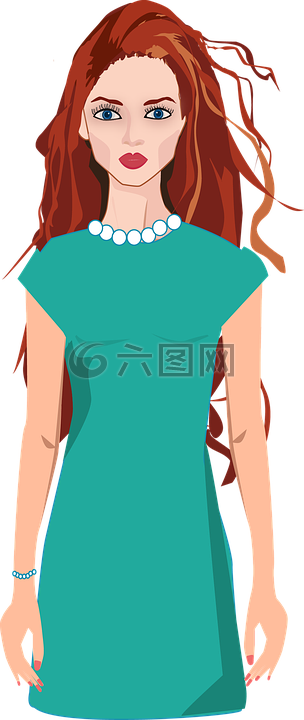 女孩在綠色的衣服,在矢量的模式,紅發(fā)