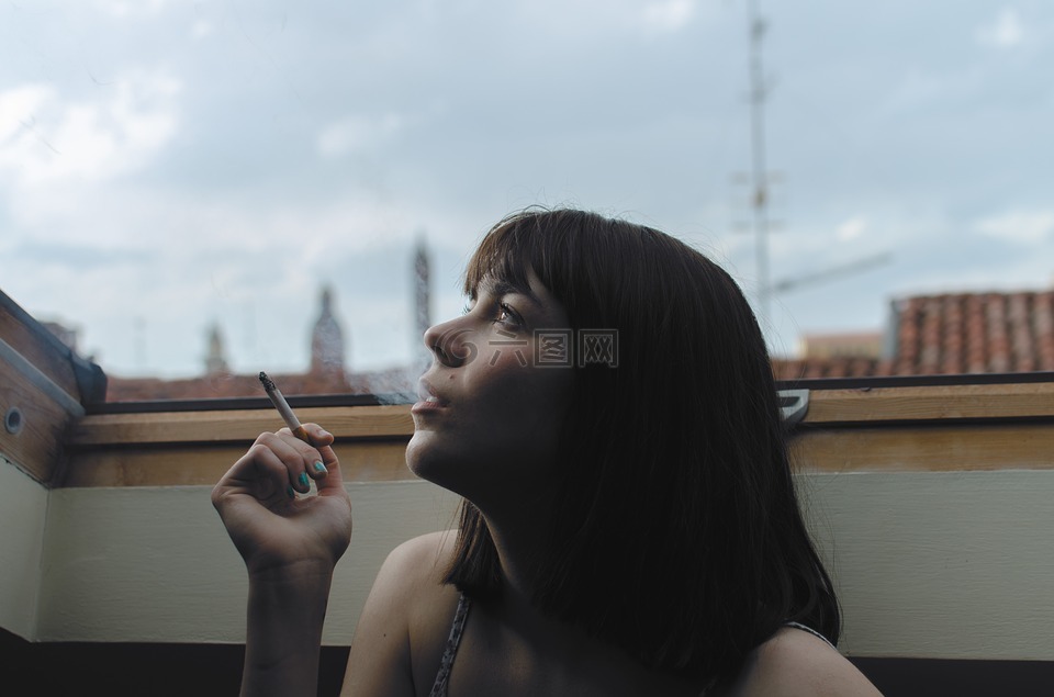 香煙,女孩,人