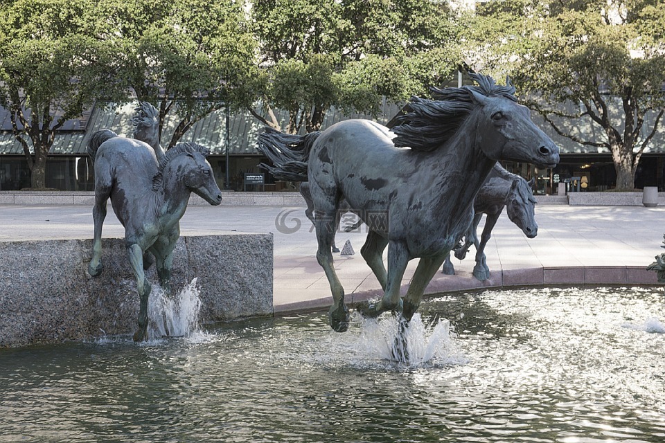 mustangs,雕塑,噴泉