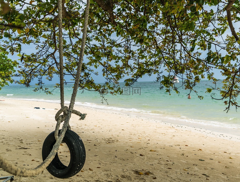 轮胎秋千,海滩,夏天