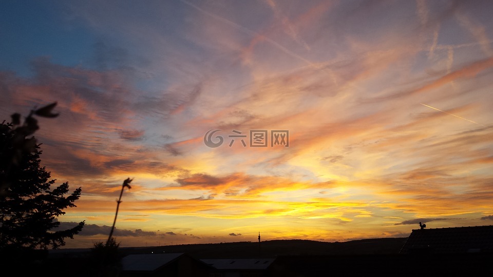 天空,日落,云