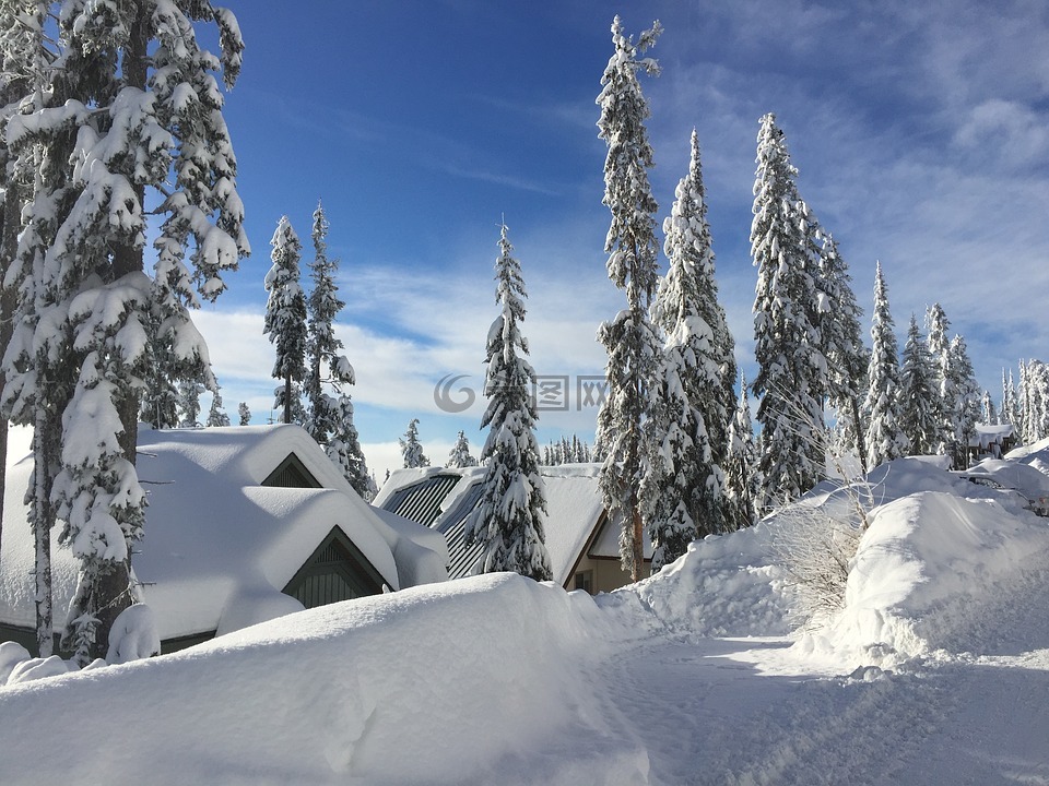 雪,小屋,藍(lán)色的天空