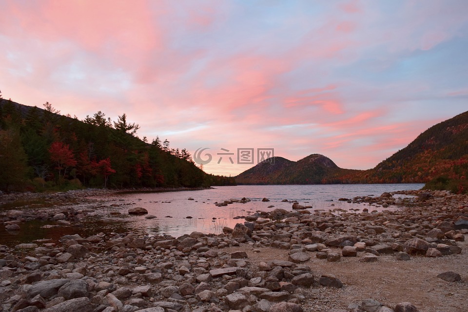 日落,湖,海岸线