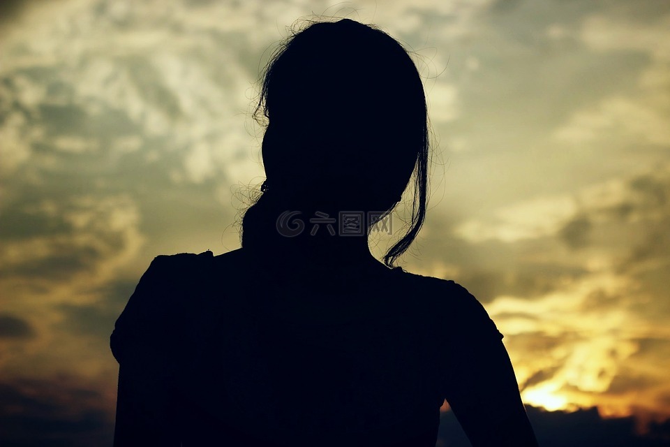 妇女,日落,侧影