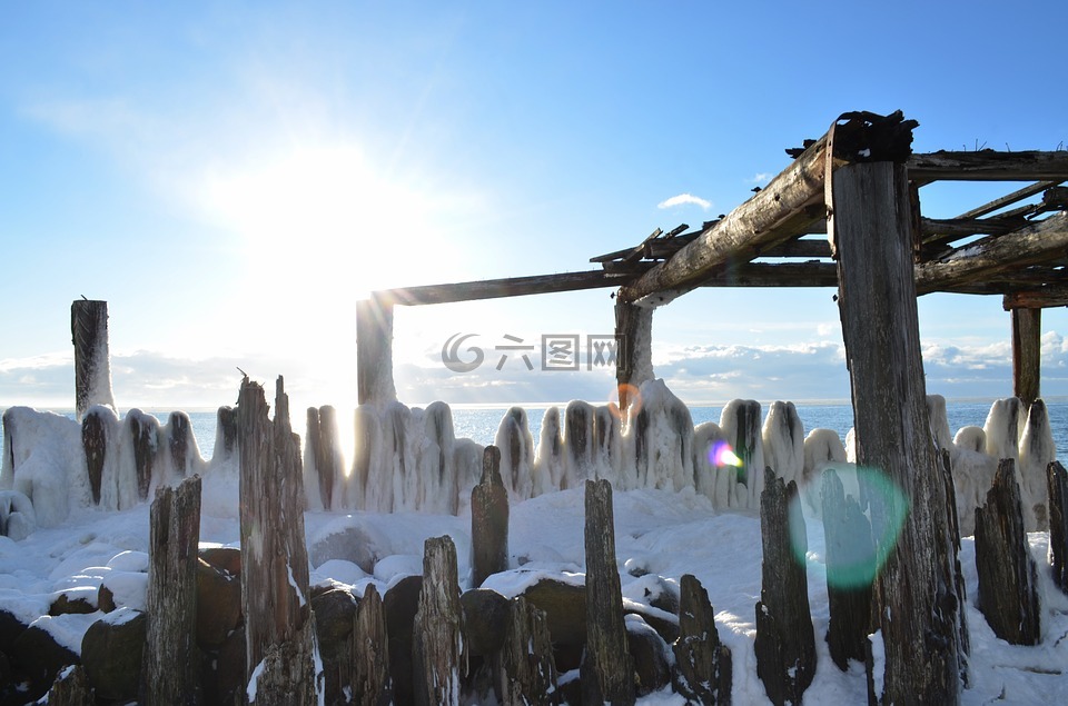 冬天,海灘,雪