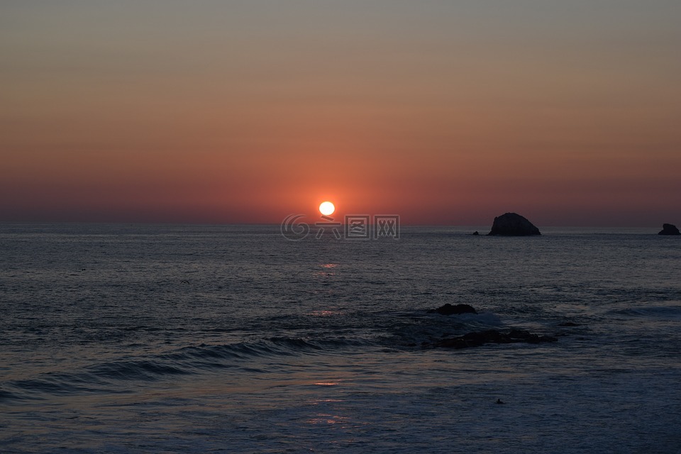 日落,海灘,太陽