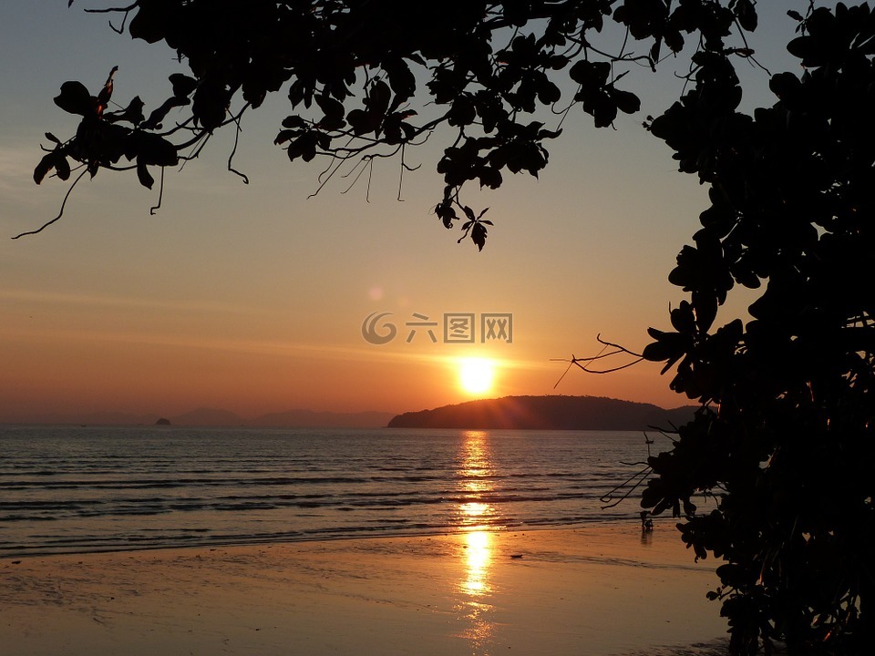 日落,奧南海灘,甲米