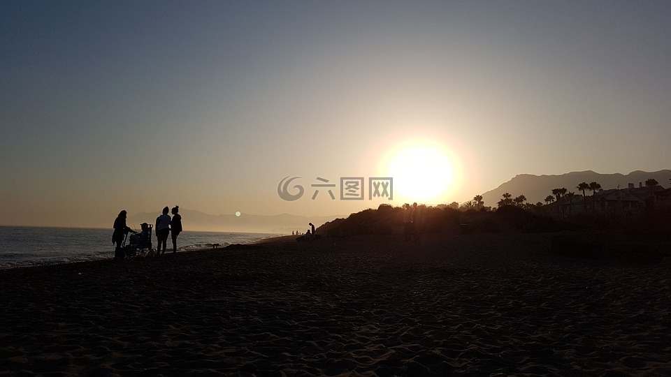 日落,海滩,夏天