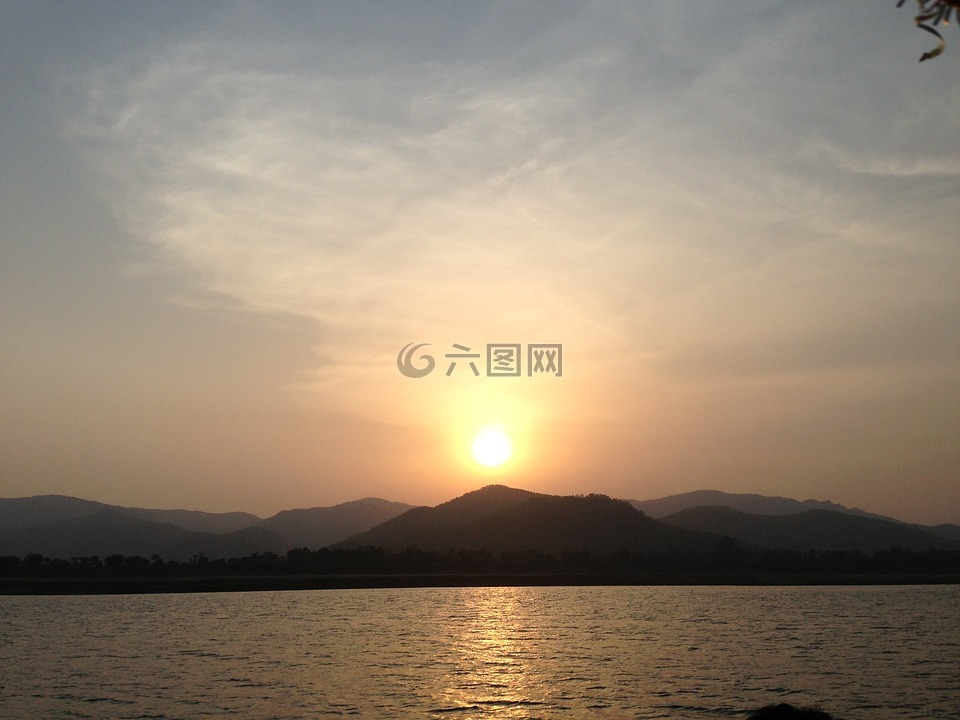 日落,晚上,河
