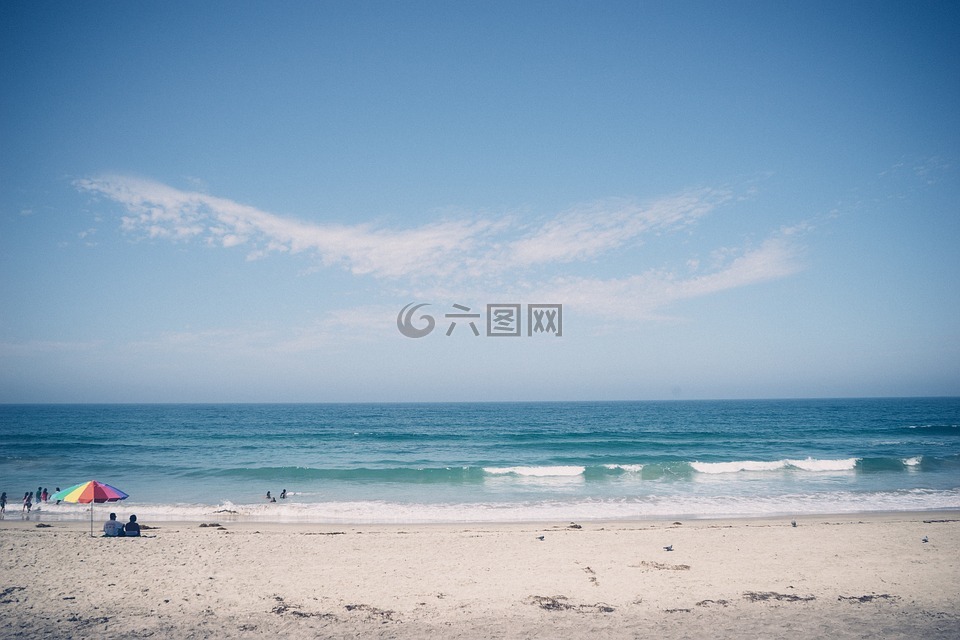 海灘,人,沙
