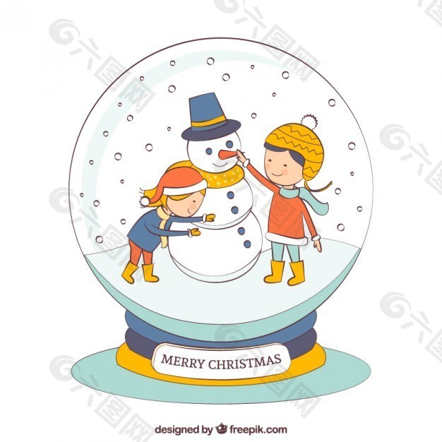 手繪的雪人和孩子們?cè)谝粋€(gè)水晶球