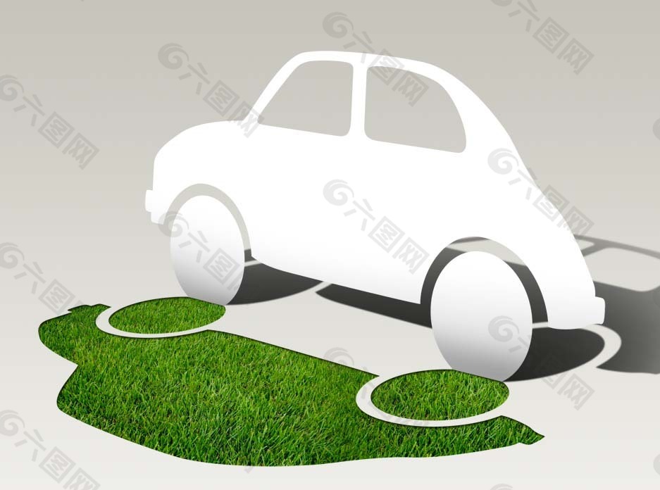 卡通汽車倒影和草地