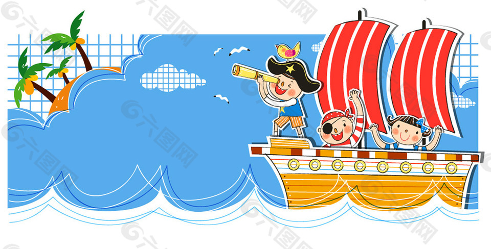 海盜船 卡通兒童插畫(huà) AI矢量