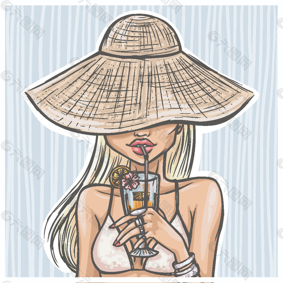 喝雞尾酒的比基尼美女漫畫(huà)