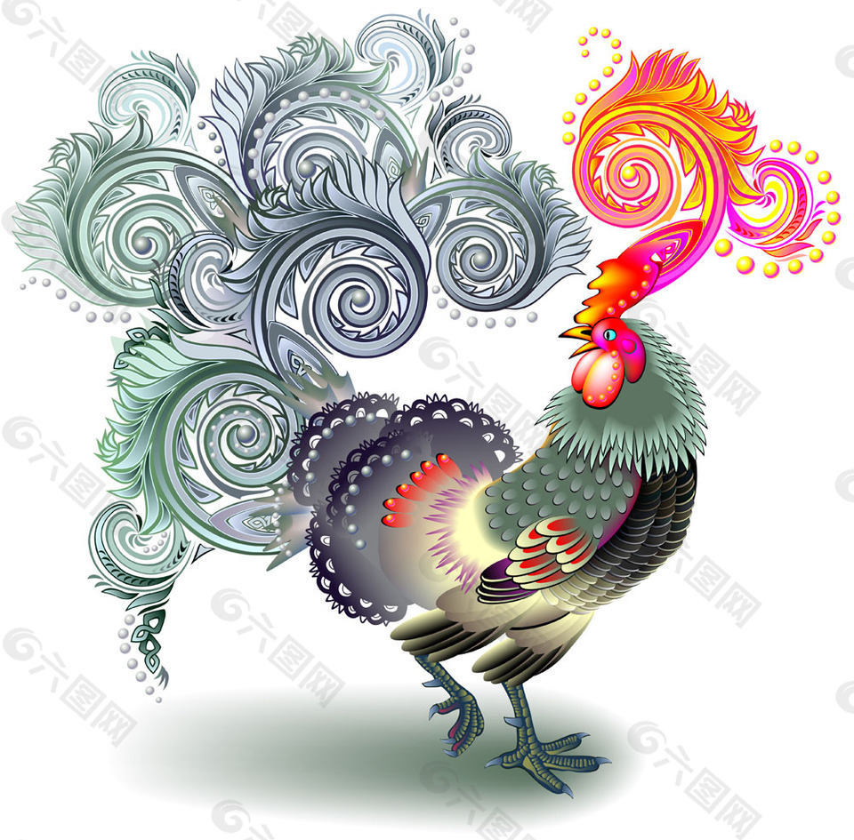 凤尾花纹大公鸡图片