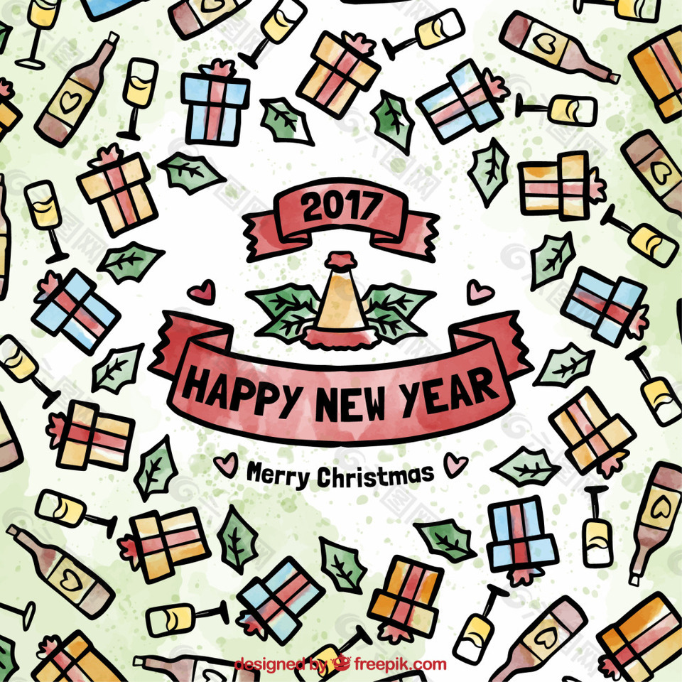 新年水彩背景香槟礼品