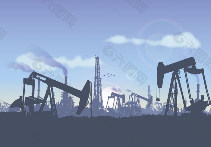 油田景觀插畫矢量圖