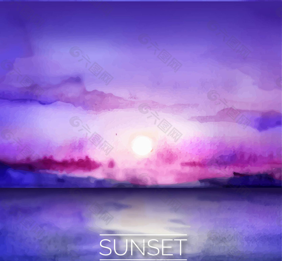 水彩画日落的海