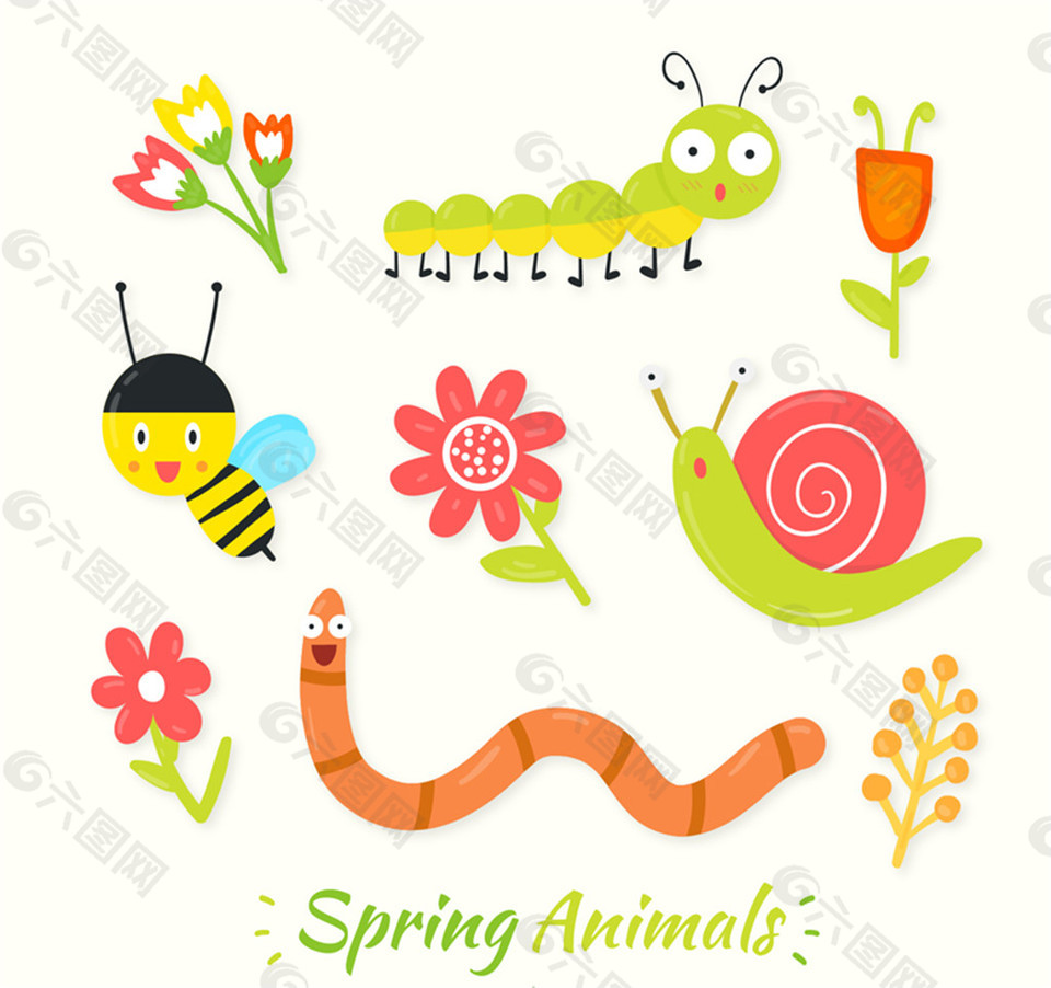 9款春季昆蟲和花朵矢量素材