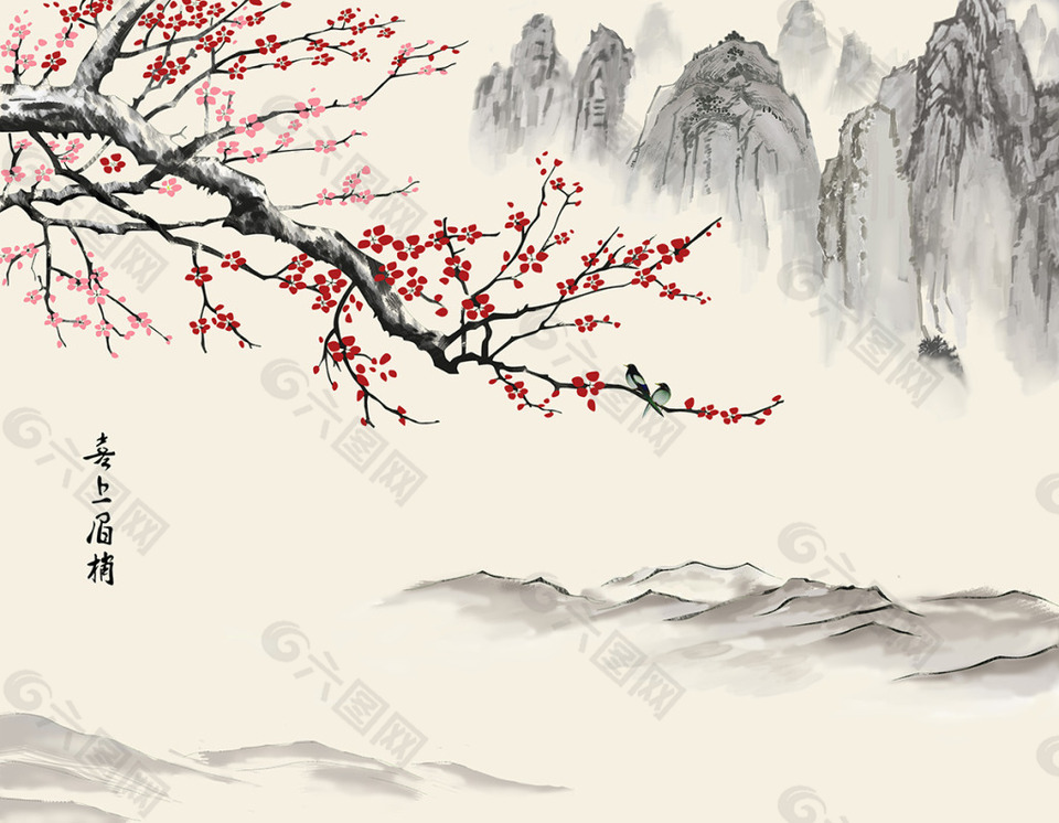 梅花山水背景墻