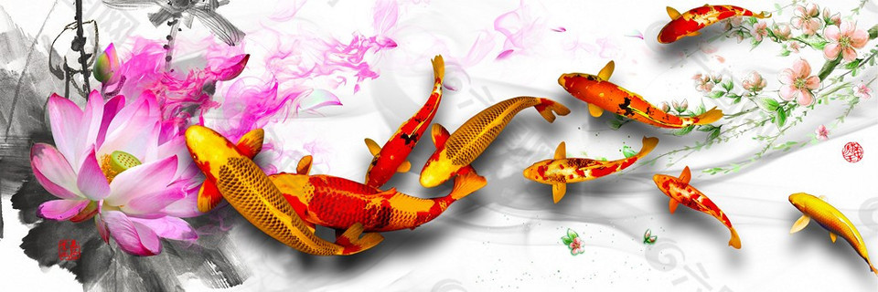 鮮艷欲滴蓮池鯉魚嬉戲裝飾畫