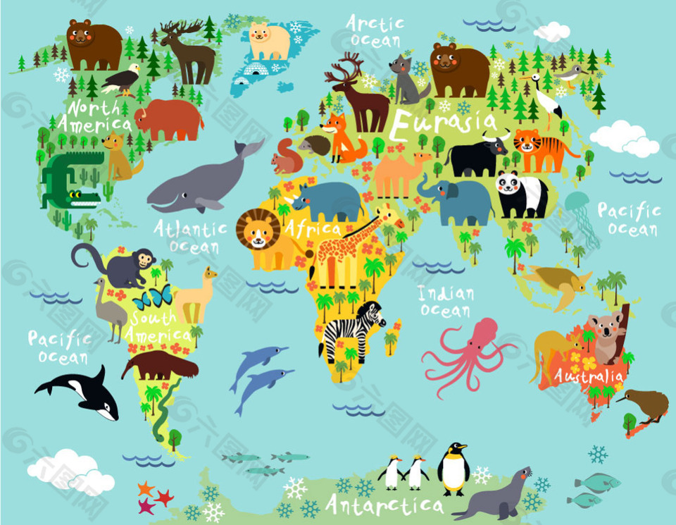 手繪野生動物世界地圖