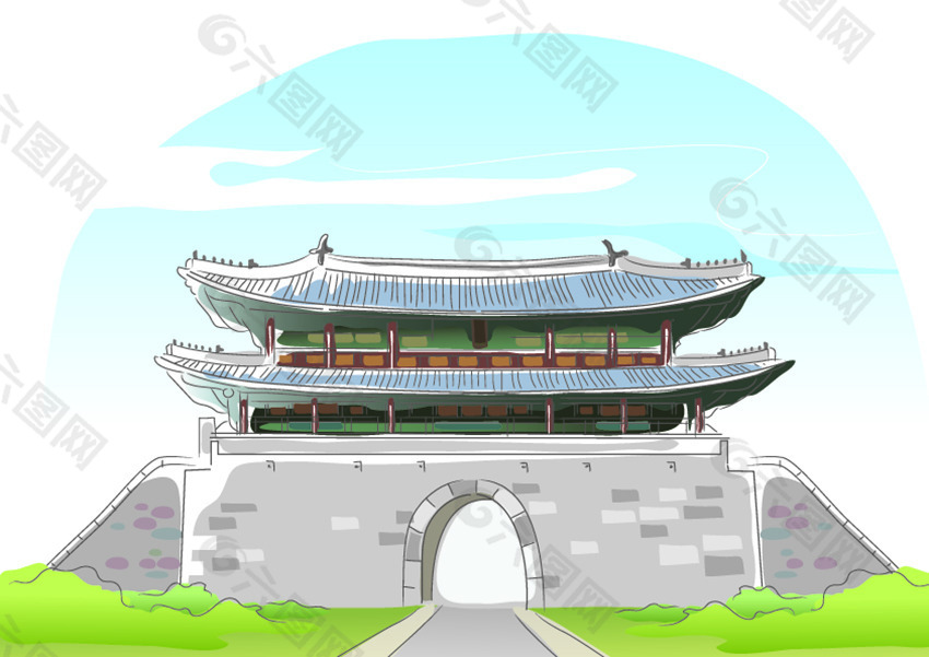 卡通復(fù)古城墻建筑