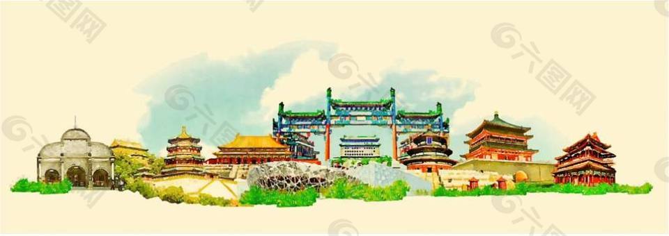水彩北京城市插畫矢量素材下載
