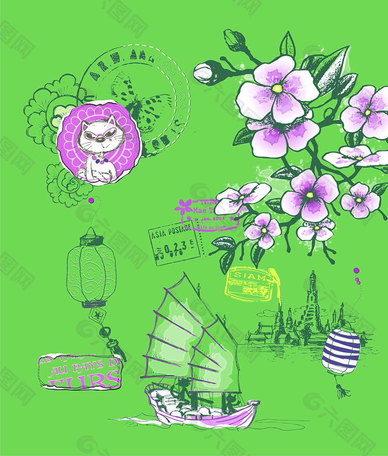 花卉船只背景圖案素材