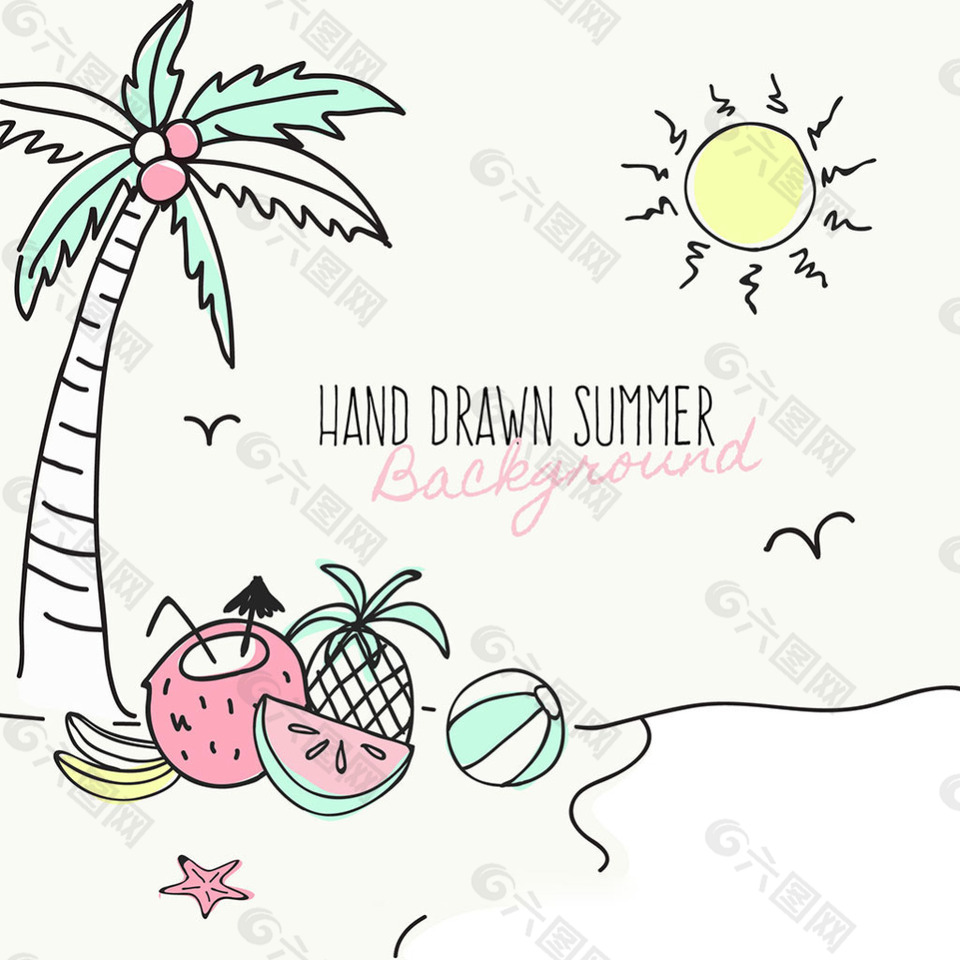 手绘夏季元素的海滩背景