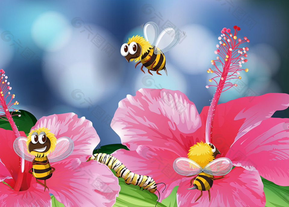 蜜蜂在花朵上采蜜插圖