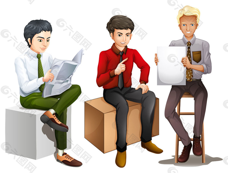 三個人坐在一起看書說話插圖白色背景