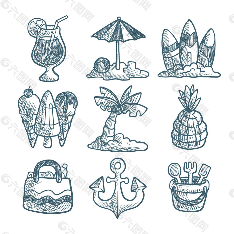 各種夏季元素手繪素描風(fēng)格插圖