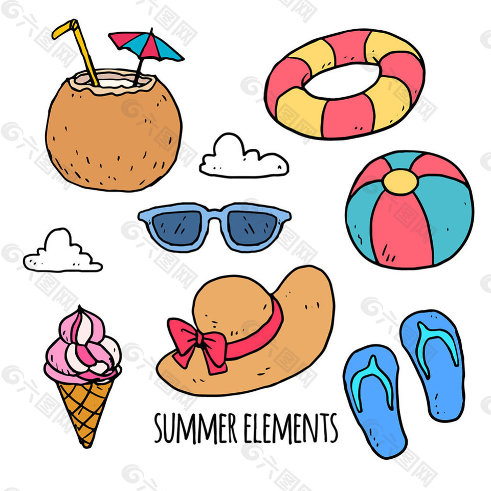手绘彩色夏季用品插图